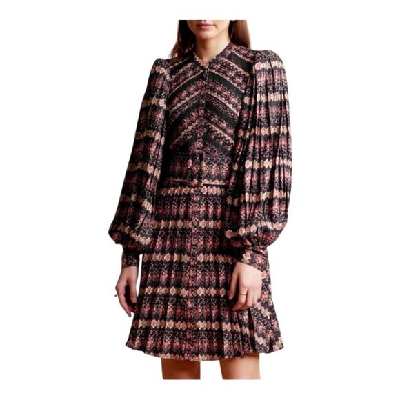 ByTimo Boho Printed Mini Dress Brown-Purple Long Sleeve Pleated Romantic Medium - Picture 6 of 7